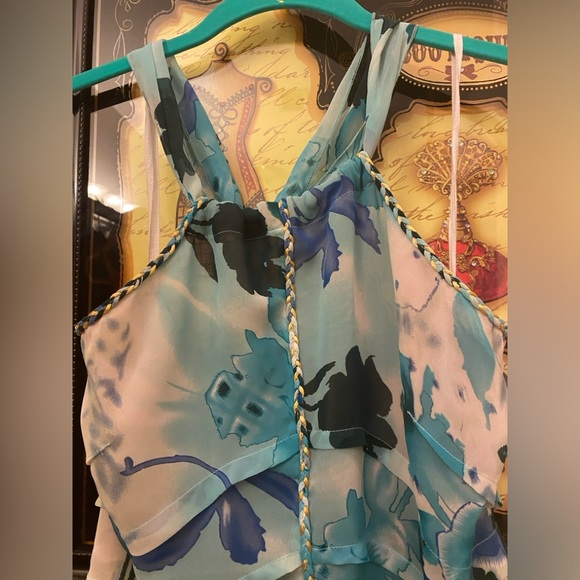 Sheer halter tie top- turquoise floral. Size Large - Picture 2 of 6